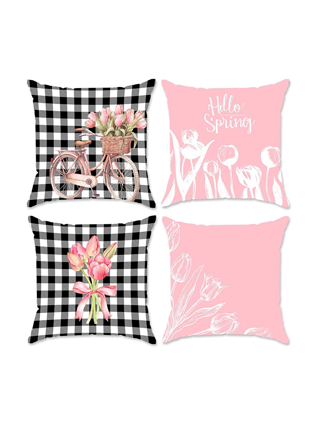 Karışık Bahar Temalı Kadife Kırlent Kılıfı 4'lü Set 43x43 cm Çift Taraf Baskı-1