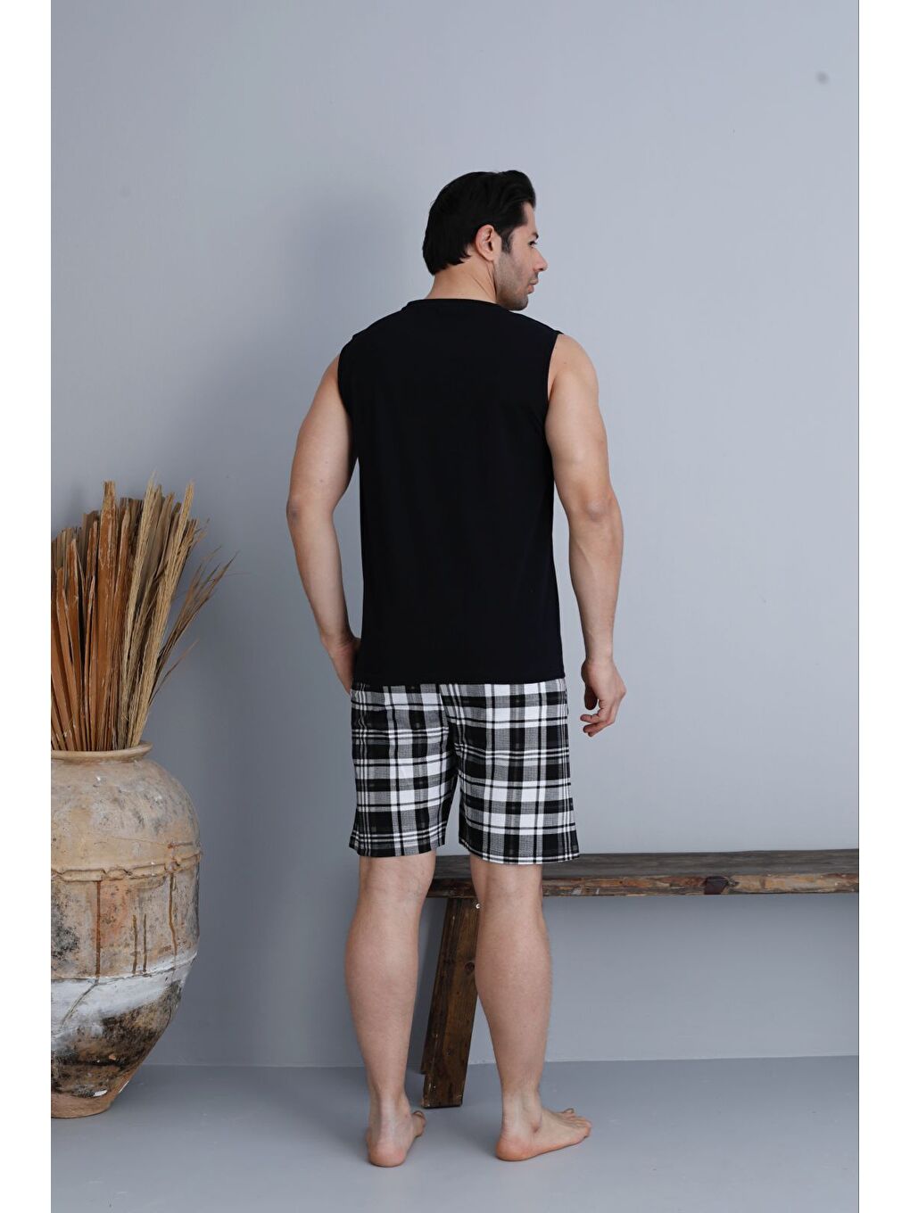 Siyah Erkek %100 Organik Pamuk Kısa Kollu Ekose Şortlu Doğal Pijama Takımı-1