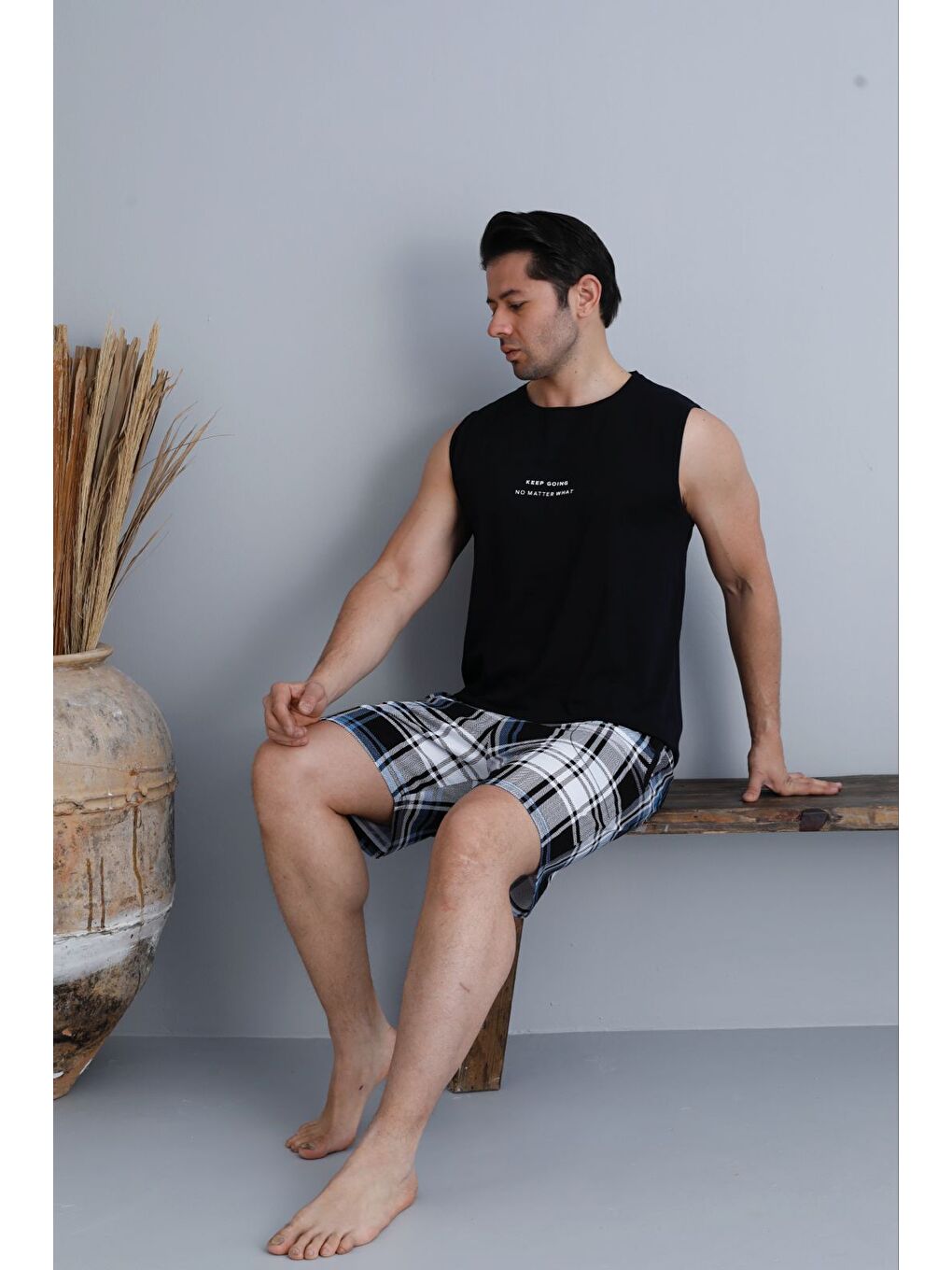 Siyah Erkek %100 Organik Pamuk Kısa Kollu Ekose Şortlu Doğal Pijama Takımı-2