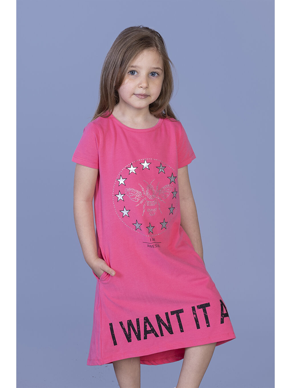 Toontoykids Fuşya Kız Çocuk  I Want It All Baskılı Elbise