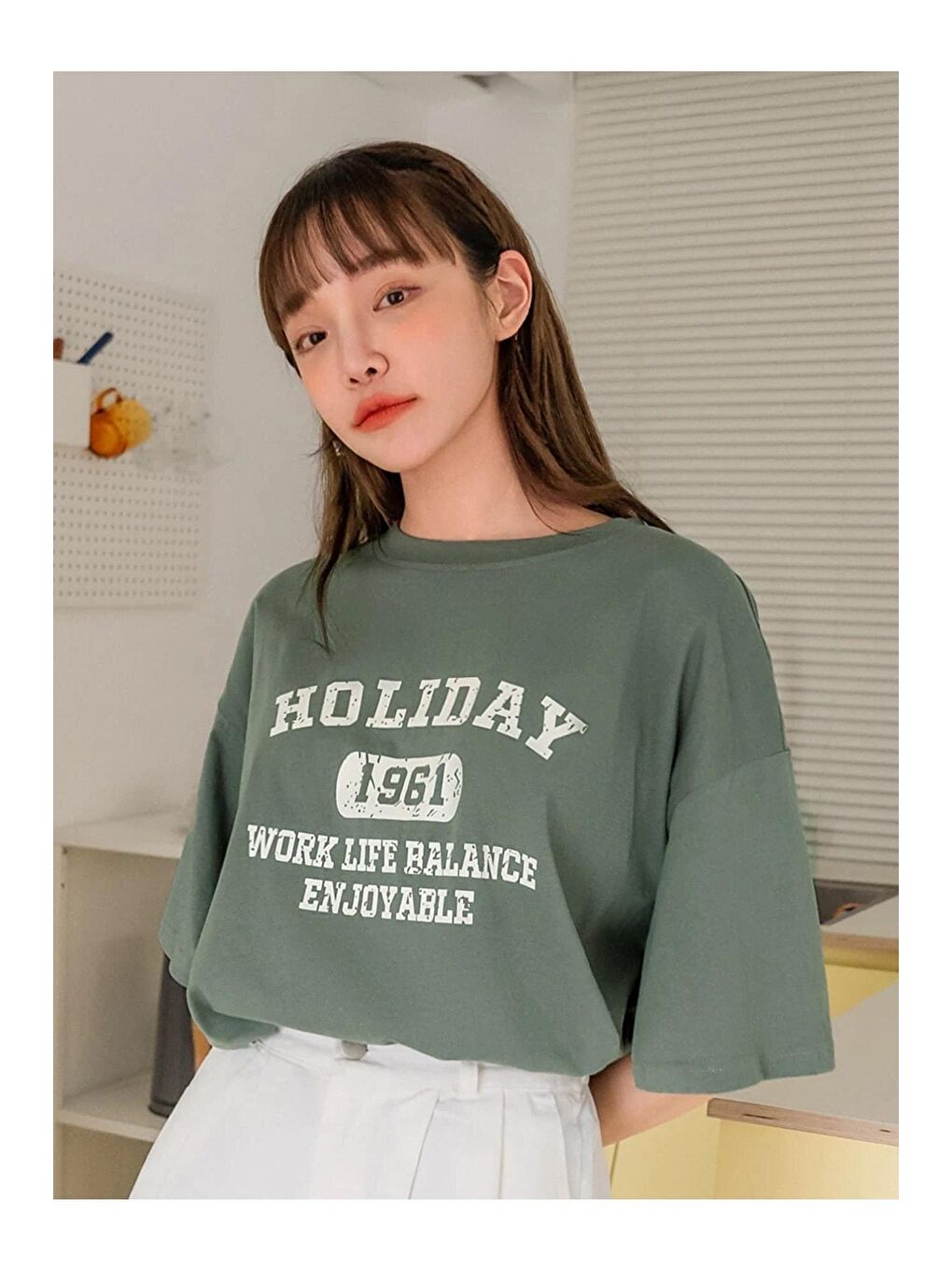 Trendseninle Yeşil Kadın Çağla Yeşili Holiday 1961 Baskılı Oversize Tişört - 4