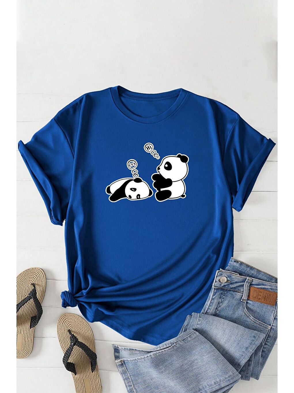 uyguntarz Mavi Unisex Uykucu Panda Baskılı Tasarım Tshirt