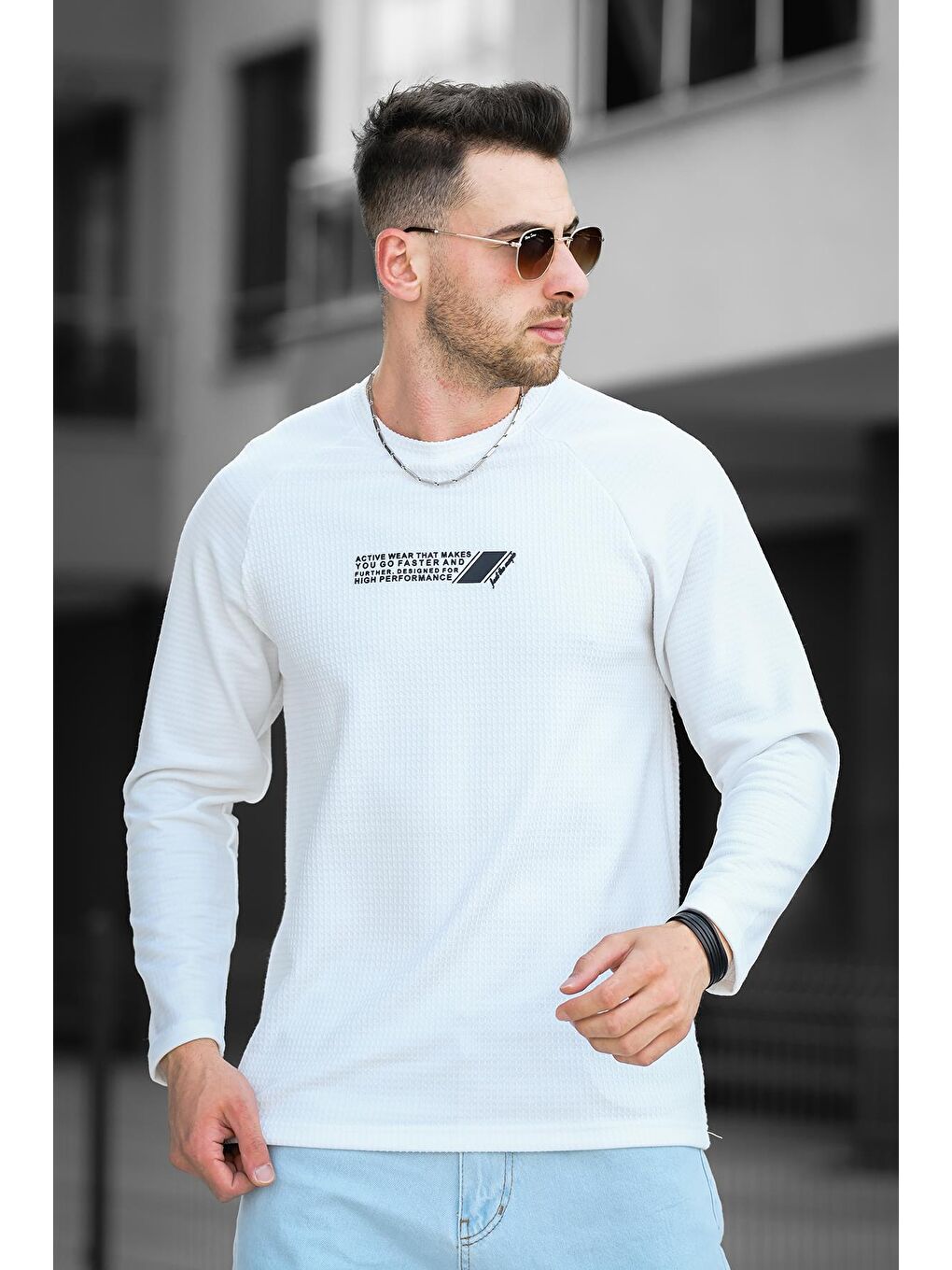 Beyaz Baskılı Reglan Kol Slim Fit Elastanlı Sıfır Yaka Erkek Sweatshirt