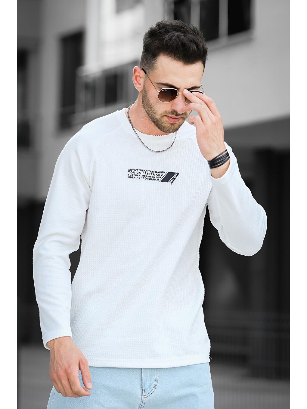 Beyaz Baskılı Reglan Kol Slim Fit Elastanlı Sıfır Yaka Erkek Sweatshirt-1