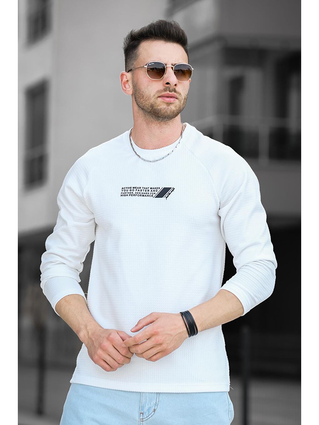 Beyaz Baskılı Reglan Kol Slim Fit Elastanlı Sıfır Yaka Erkek Sweatshirt-2