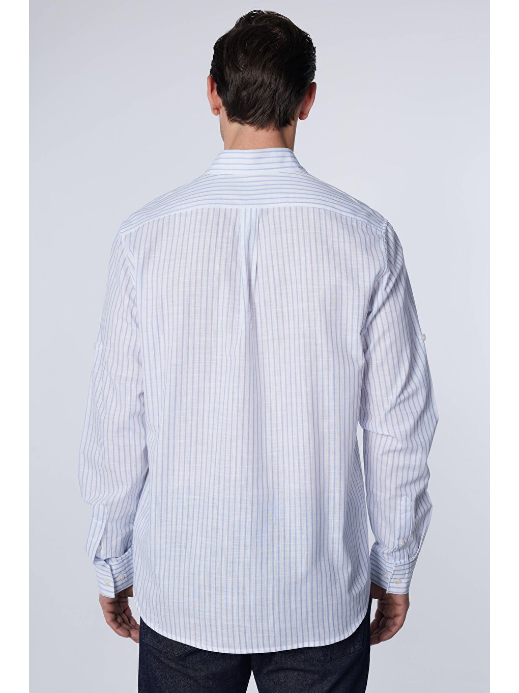 Erkek Regular Fit Klasik Kesim %100 Pamuk Keten Doku Tek Cepli Çizgili Beyaz Gömlek-4