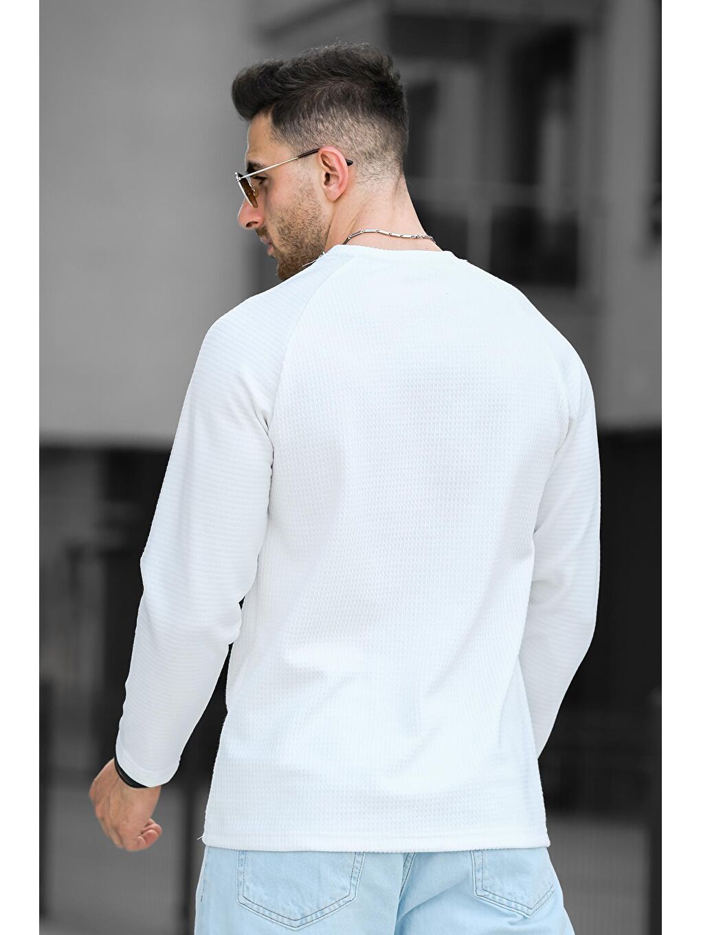 Beyaz Baskılı Reglan Kol Slim Fit Elastanlı Sıfır Yaka Erkek Sweatshirt-3