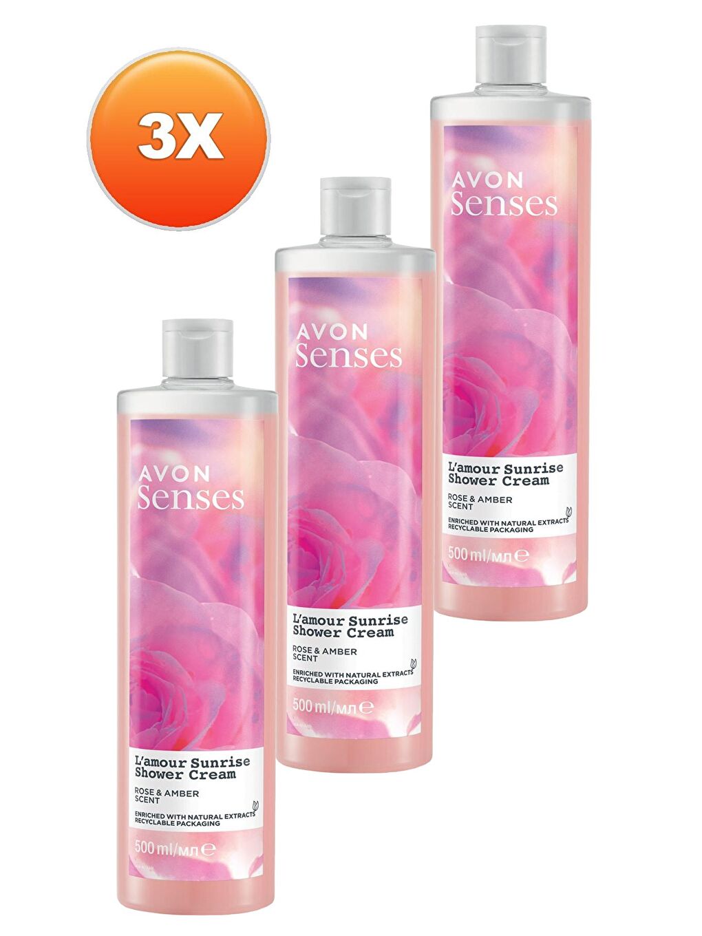 AVON Renksiz Senses L'amour Sunrise Gül ve Amber Kokulu Krem Duş Jeli 500 Ml. Üçlü Set - 1