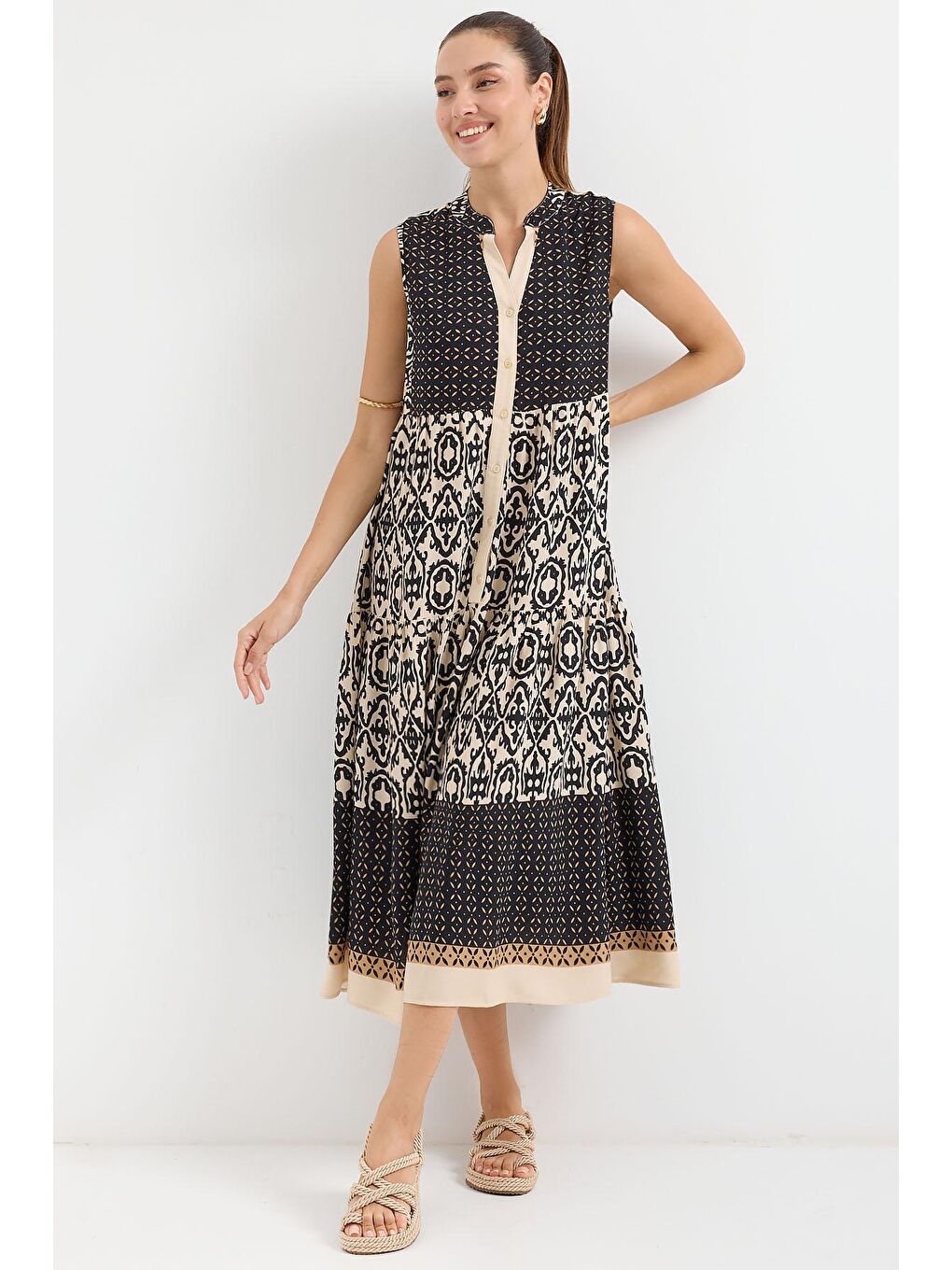 2516 Desenli Sıfır Kol Viskon Elbise - Siyah-1