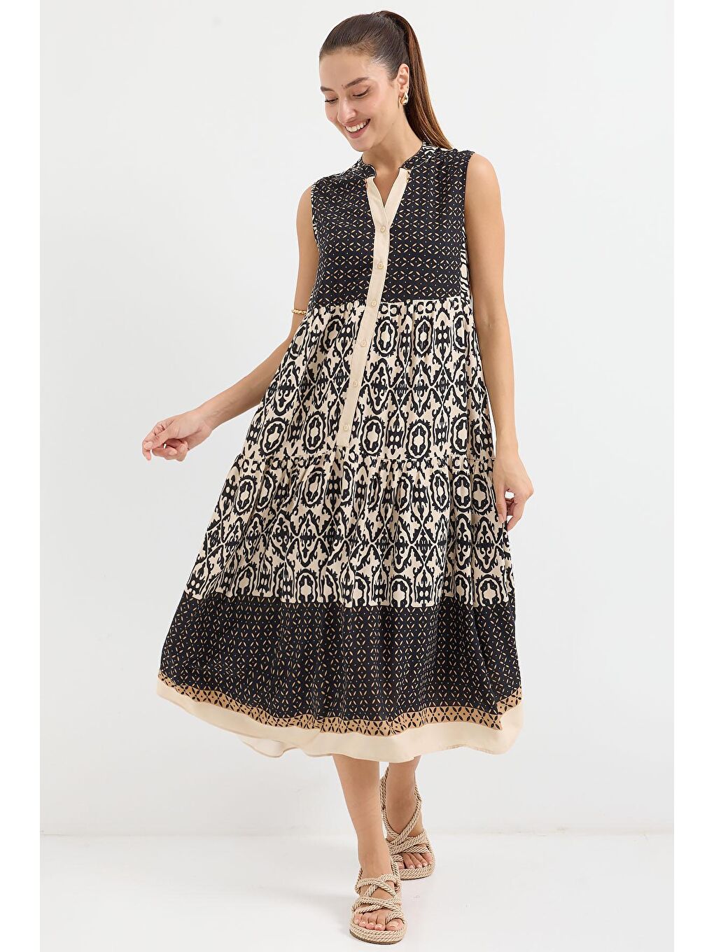 2516 Desenli Sıfır Kol Viskon Elbise - Siyah-3