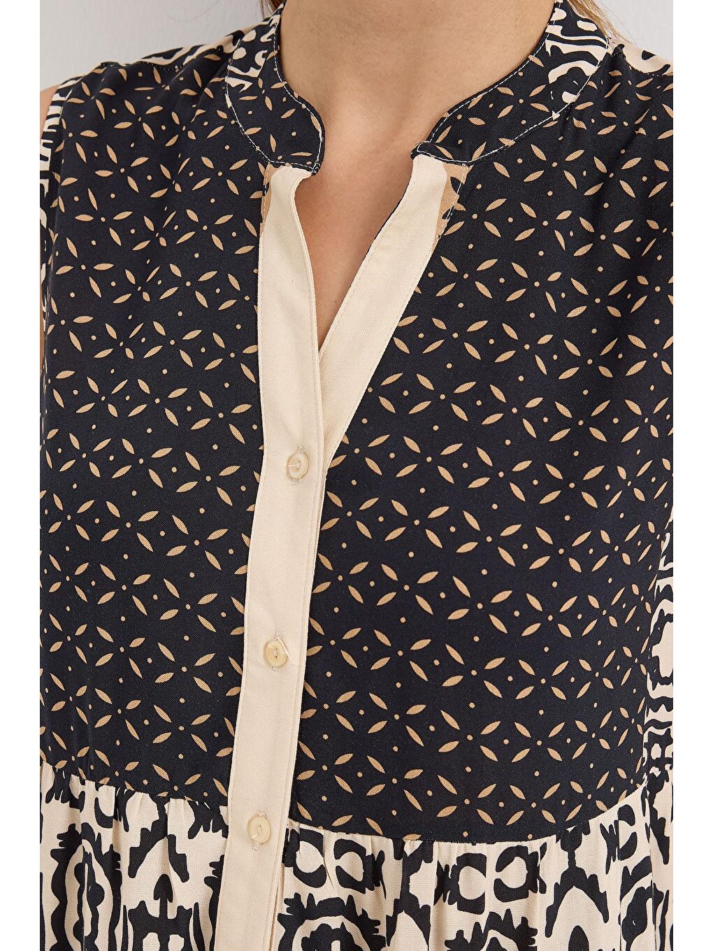 2516 Desenli Sıfır Kol Viskon Elbise - Siyah-4