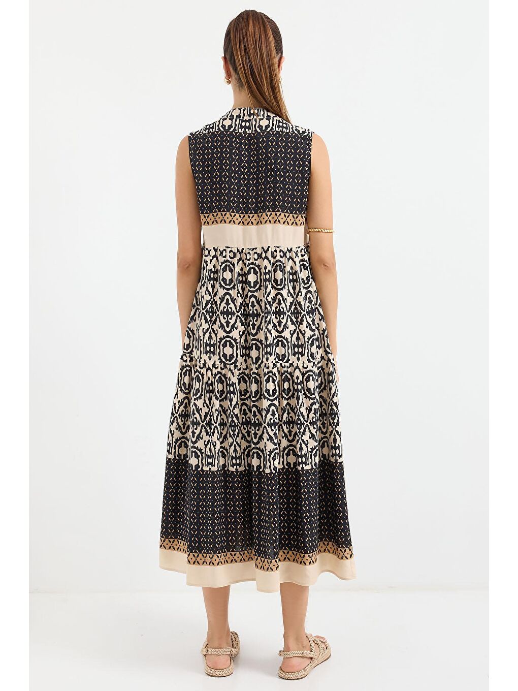 2516 Desenli Sıfır Kol Viskon Elbise - Siyah-5