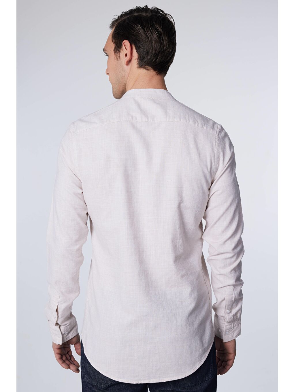 Bej Slim Fit Uzun Kollu Dar Kesim Hakim Yaka Keten Doku Armürlü Yazlık Taş Renk Erkek Gömlek-4