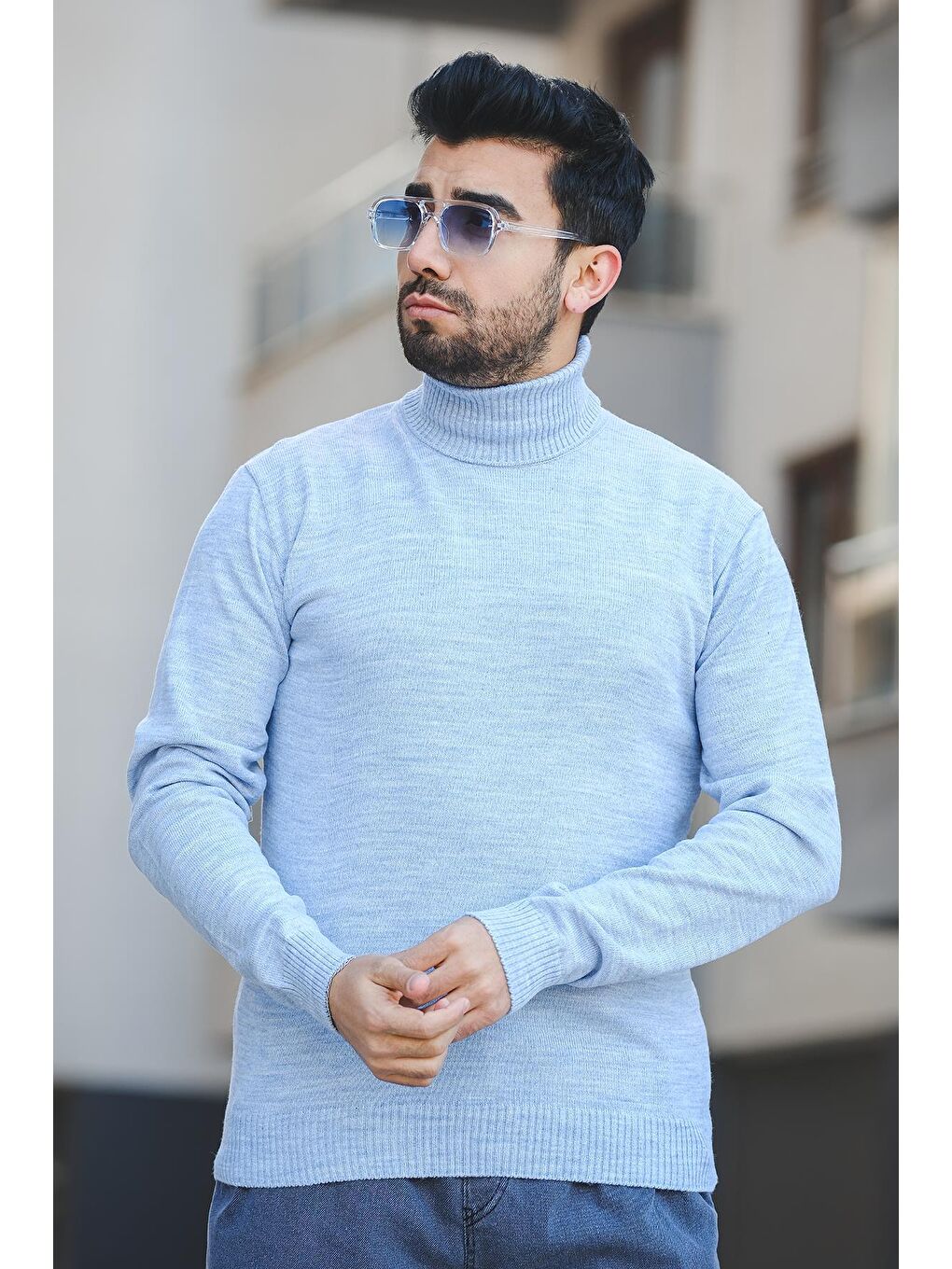 Mavi Pamuk Slim Fit Erkek Tam Balıkçı Boğazlı Kazak