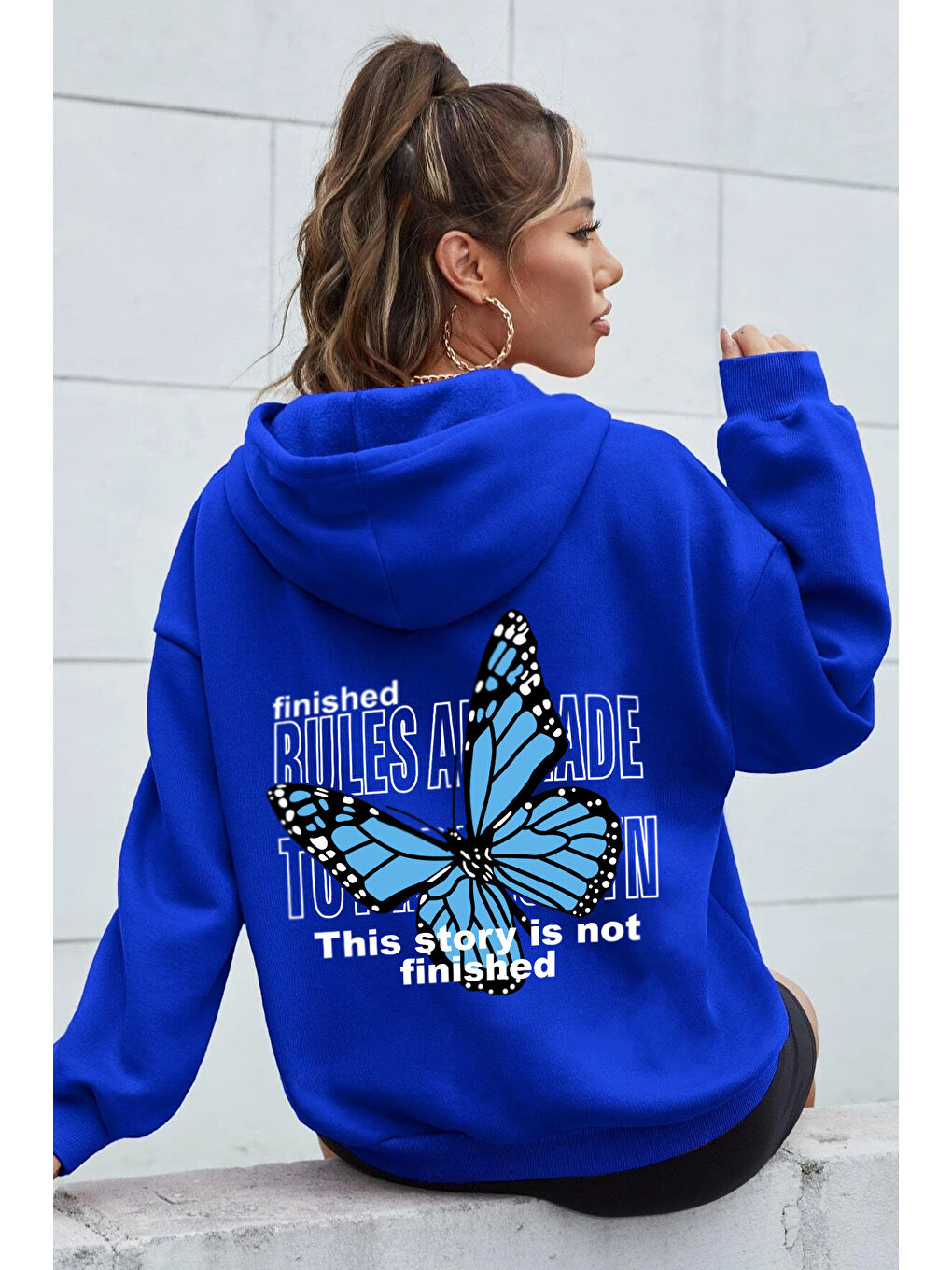 uyguntarz Mavi Unisex Blues Butterfly Baskılı Oversize Sweatshirt - 1