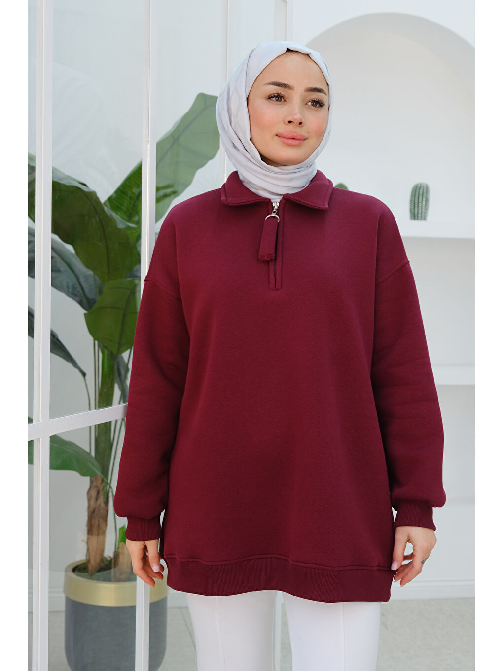 Yarım Fermuar Detay  Sweatshirt Bordo