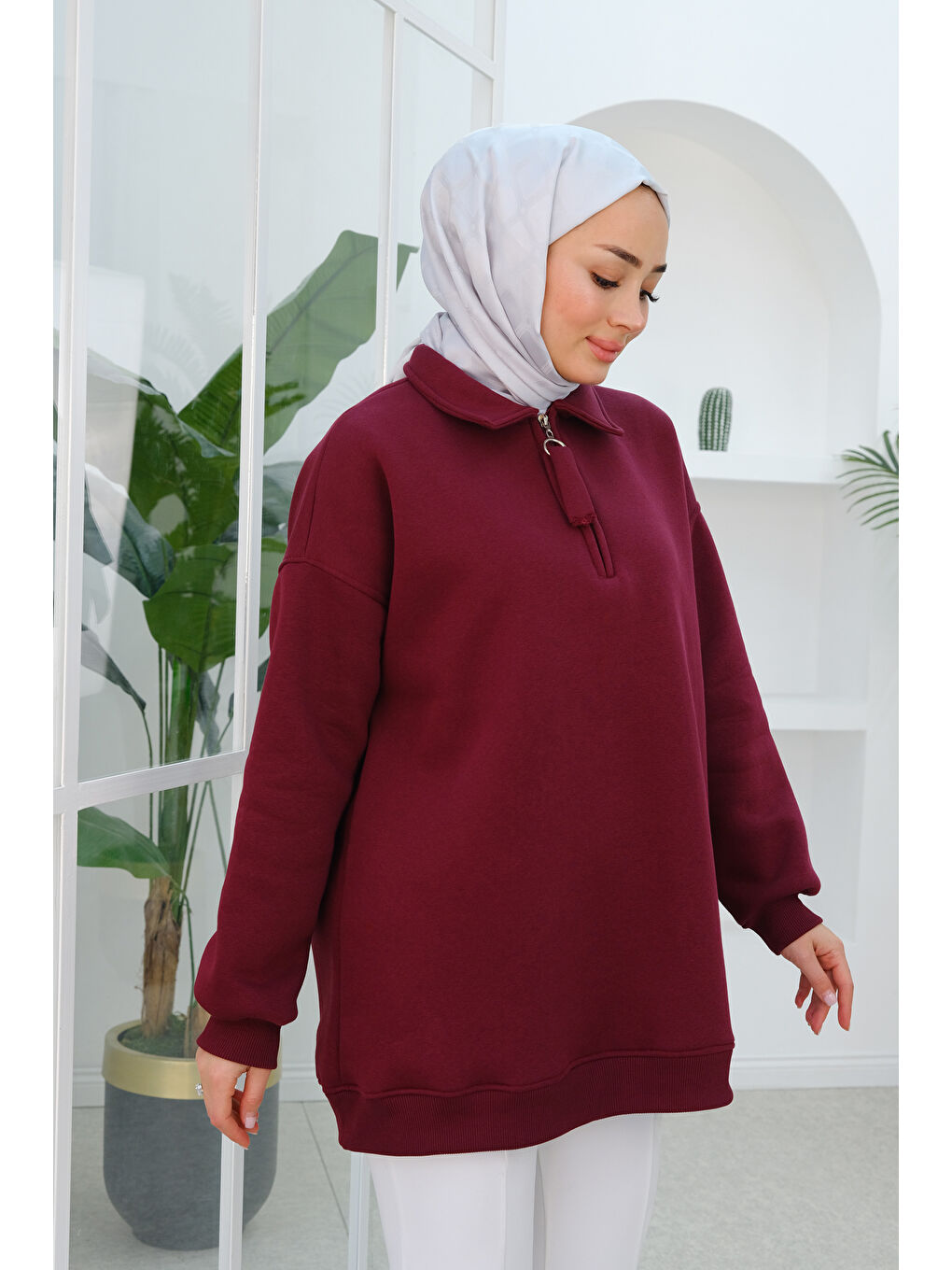 Yarım Fermuar Detay  Sweatshirt Bordo-1