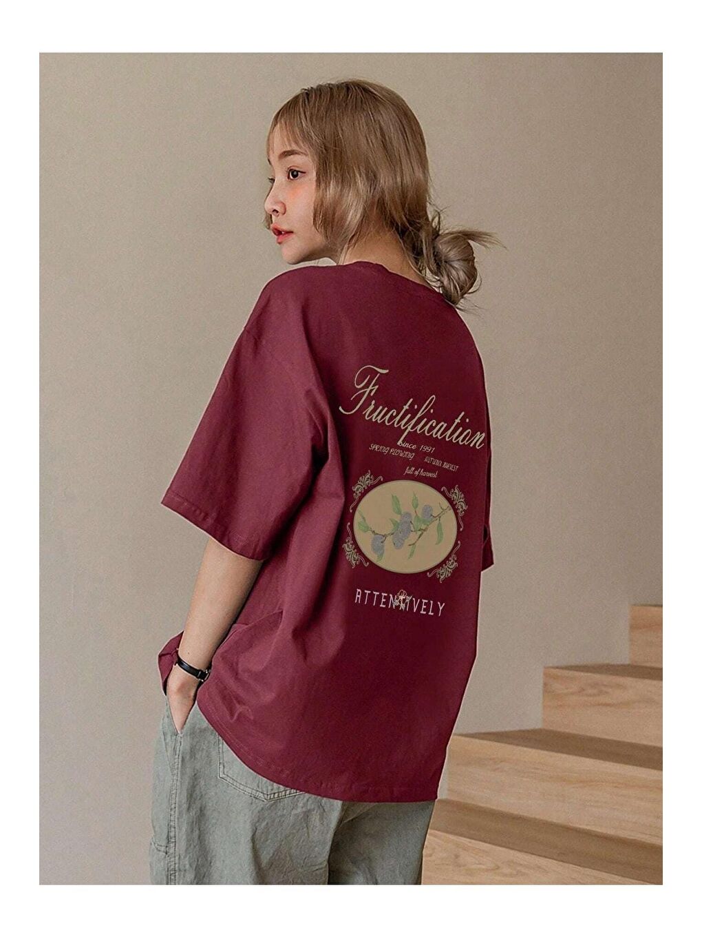 Trendseninle Bordo Kadın Bordo Fructification Baskılı Oversize Tişört