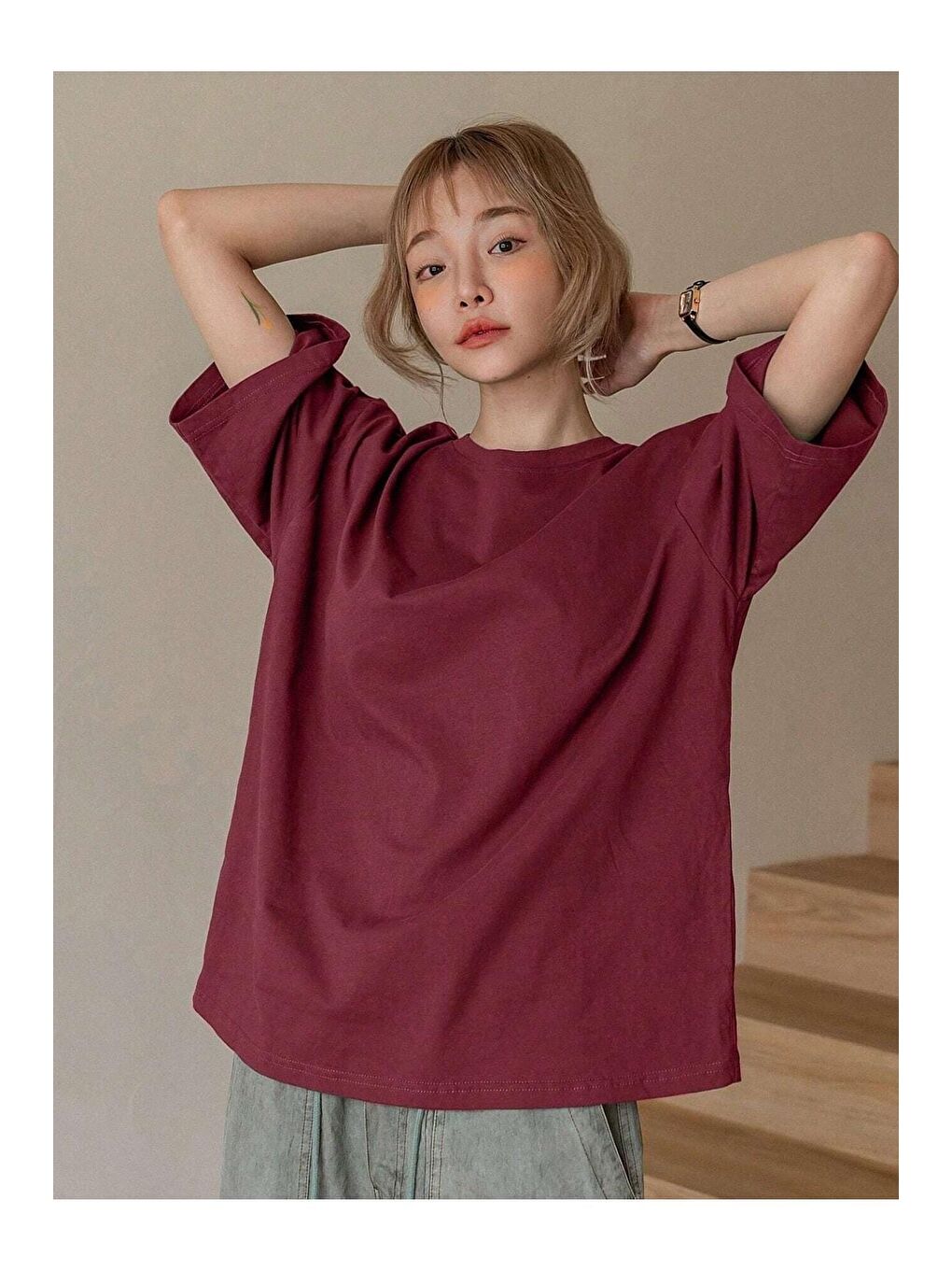 Trendseninle Bordo Kadın Bordo Fructification Baskılı Oversize Tişört - 1