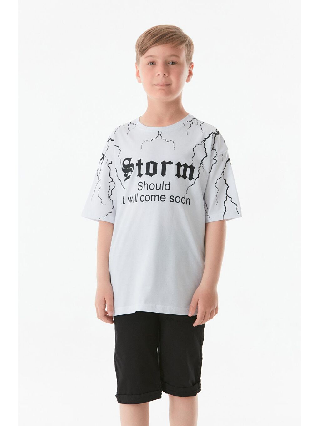 Beyaz Baskılı Bisiklet Yaka Erkek Çocuk Tişört