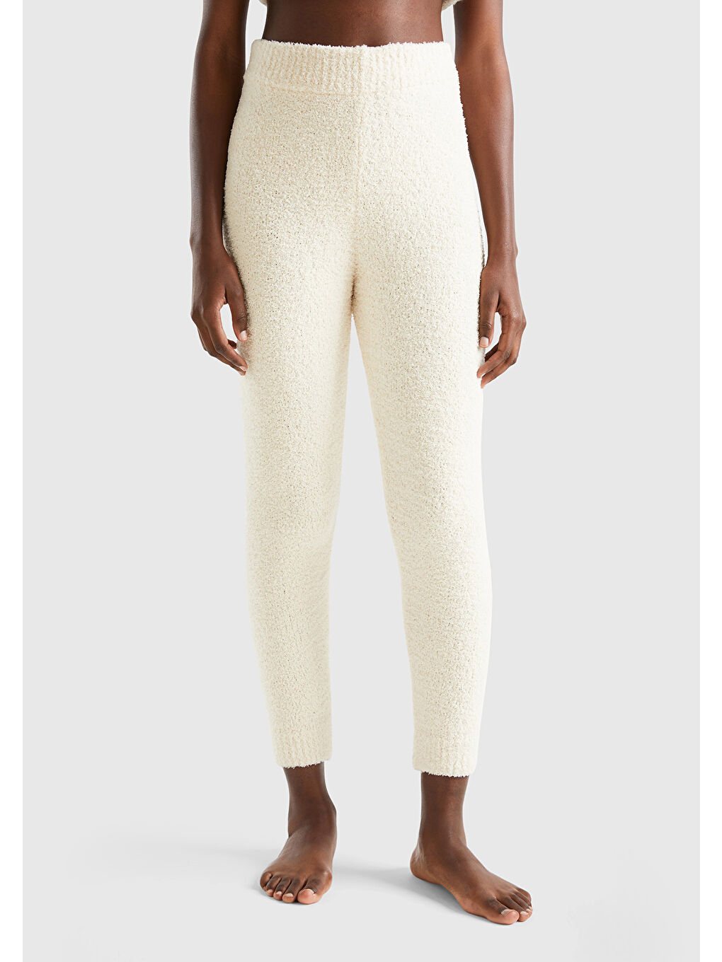 Ekru Kadın Krem Beli ve Paçası Lastikli Triko Eşofman Altı-1