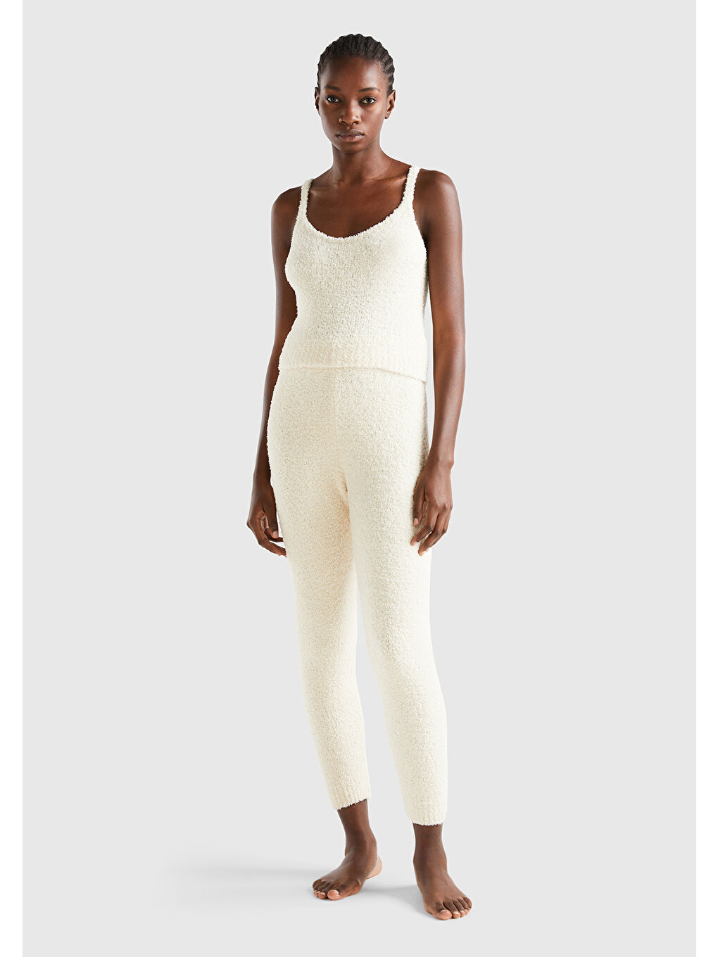 Ekru Kadın Krem Beli ve Paçası Lastikli Triko Eşofman Altı-4