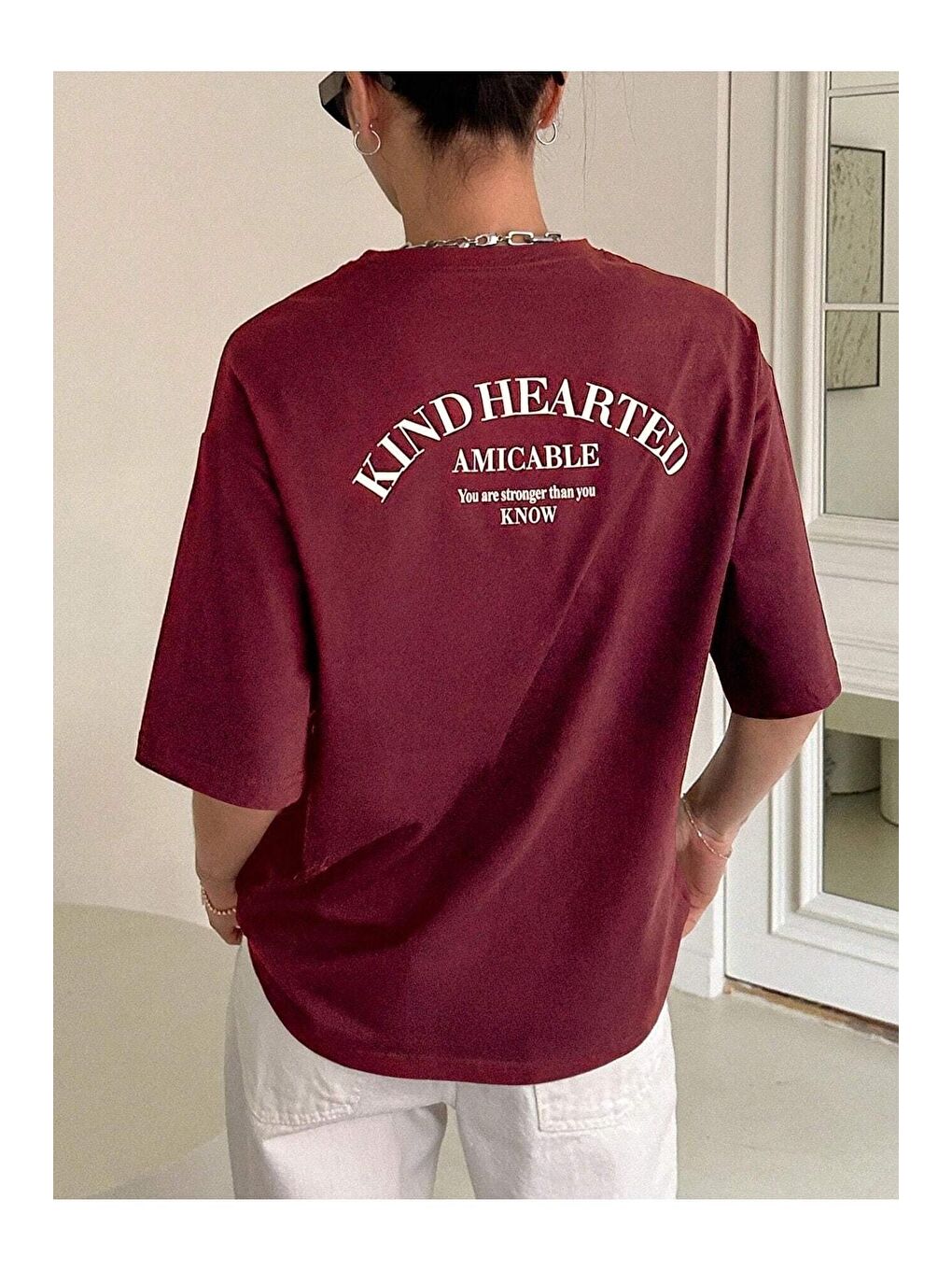 Trendseninle Bordo Kadın Bordo Kind Hearted Baskılı Oversize Tişört