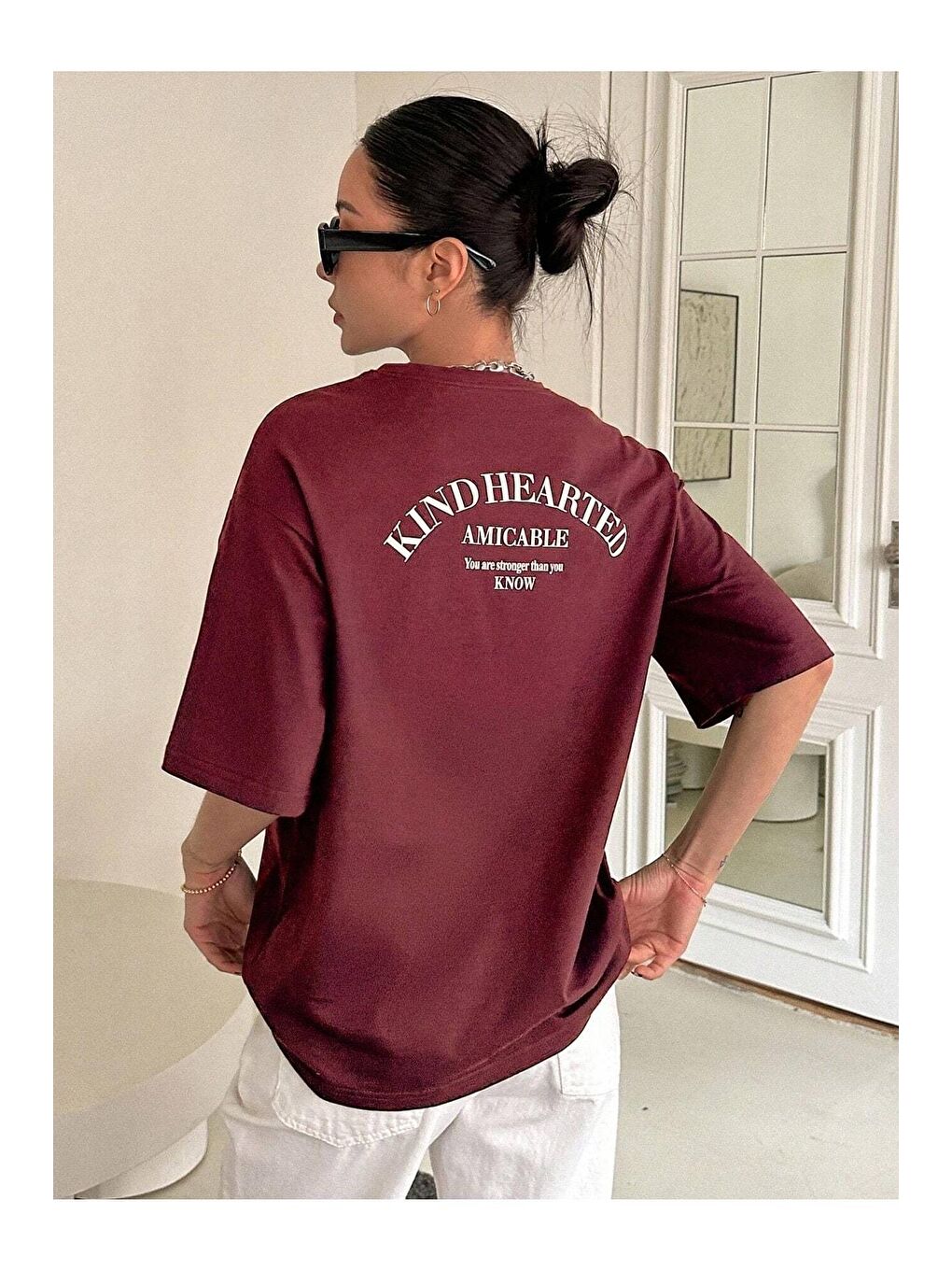 Trendseninle Bordo Kadın Bordo Kind Hearted Baskılı Oversize Tişört - 1