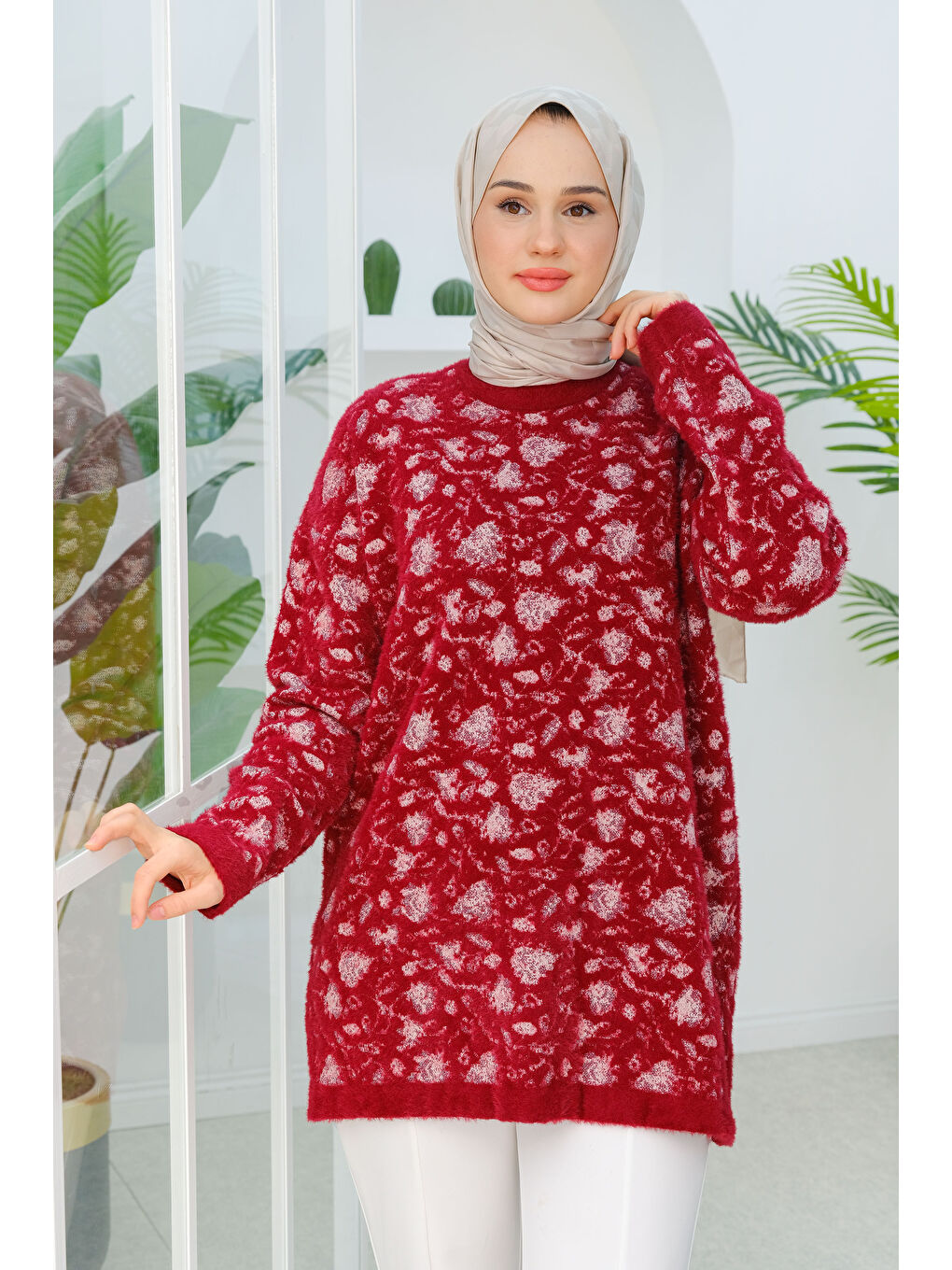 Locco Moda Simli Karışık Desem Pelüş Kazak Bordo - 3