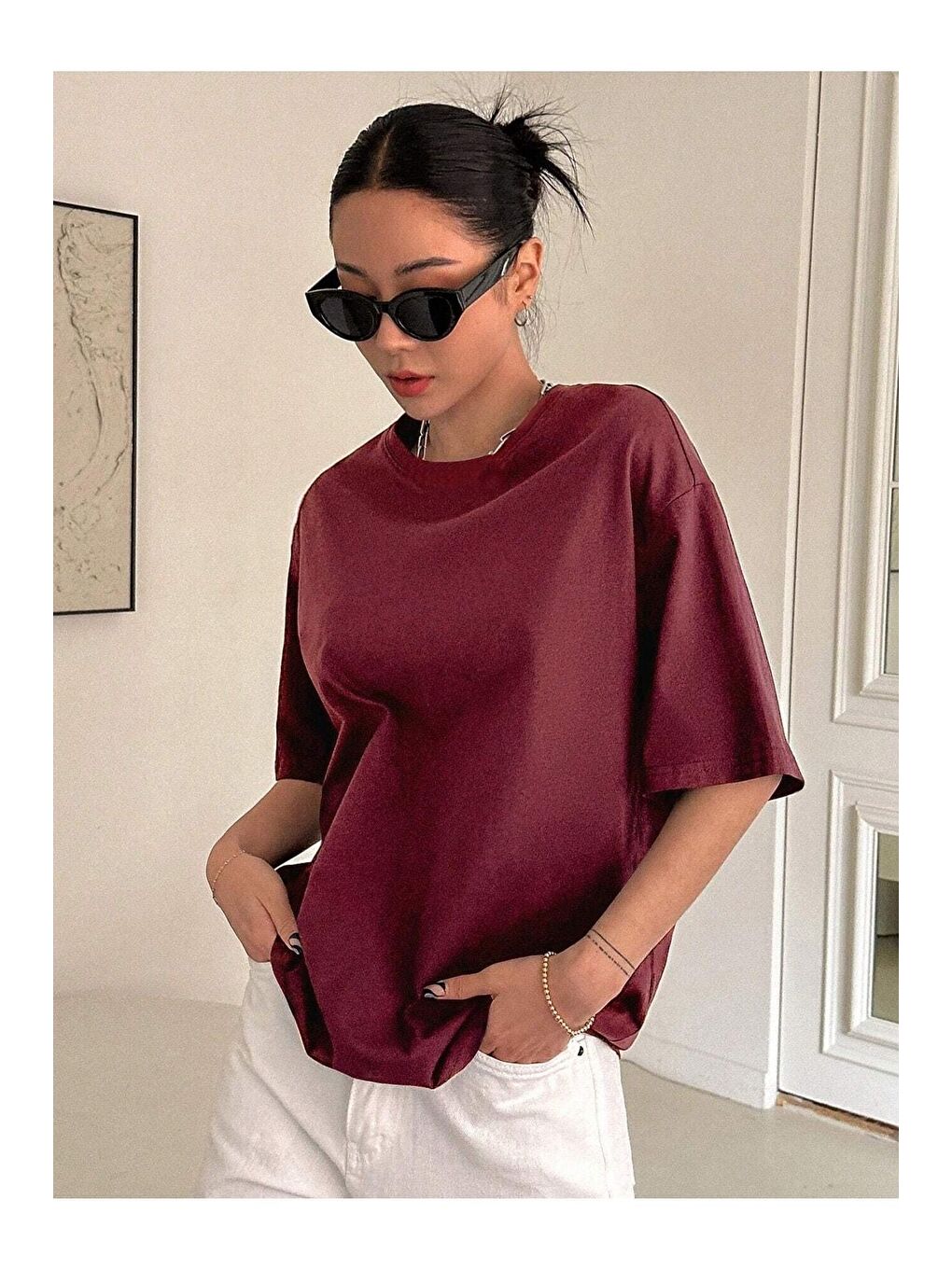 Trendseninle Bordo Kadın Bordo Kind Hearted Baskılı Oversize Tişört - 2