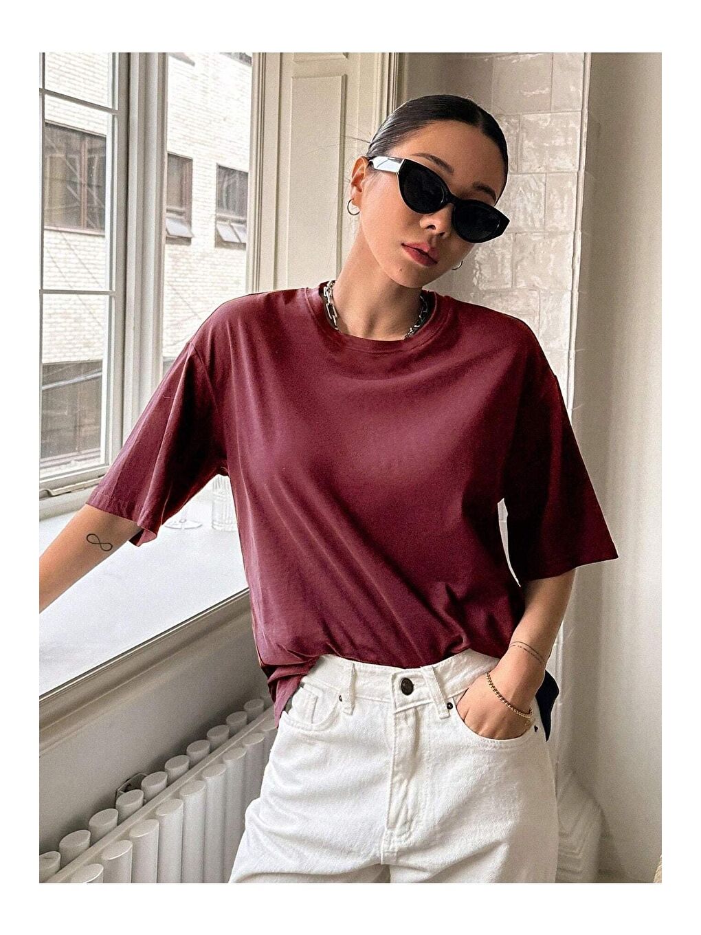 Trendseninle Bordo Kadın Bordo Kind Hearted Baskılı Oversize Tişört - 3