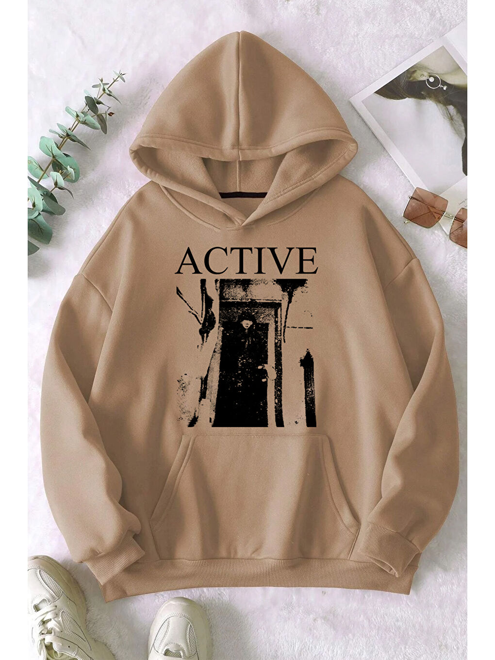 uyguntarz Bej Active Baskılı Oversize Sweatshirt