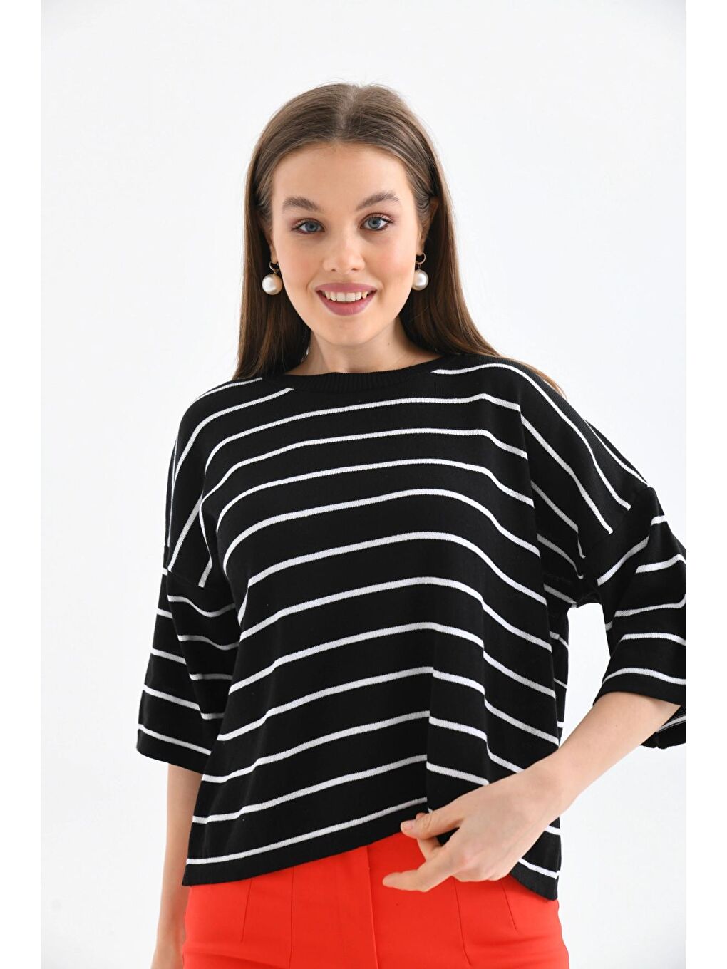 Siyah Bisiklet Yaka Çizgili Mevsimlik Kısa Triko Kazak