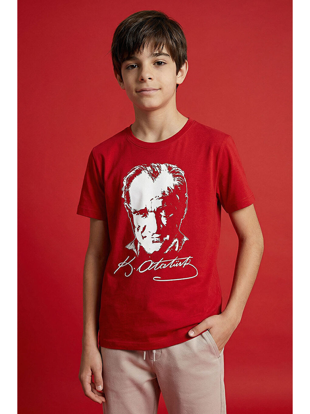 Kırmızı Atatürk Baskılı Unisex T-Shirt - 11332-3
