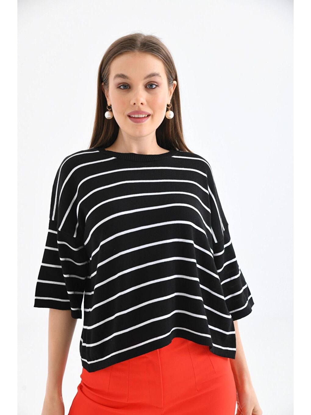 Siyah Bisiklet Yaka Çizgili Mevsimlik Kısa Triko Kazak-2