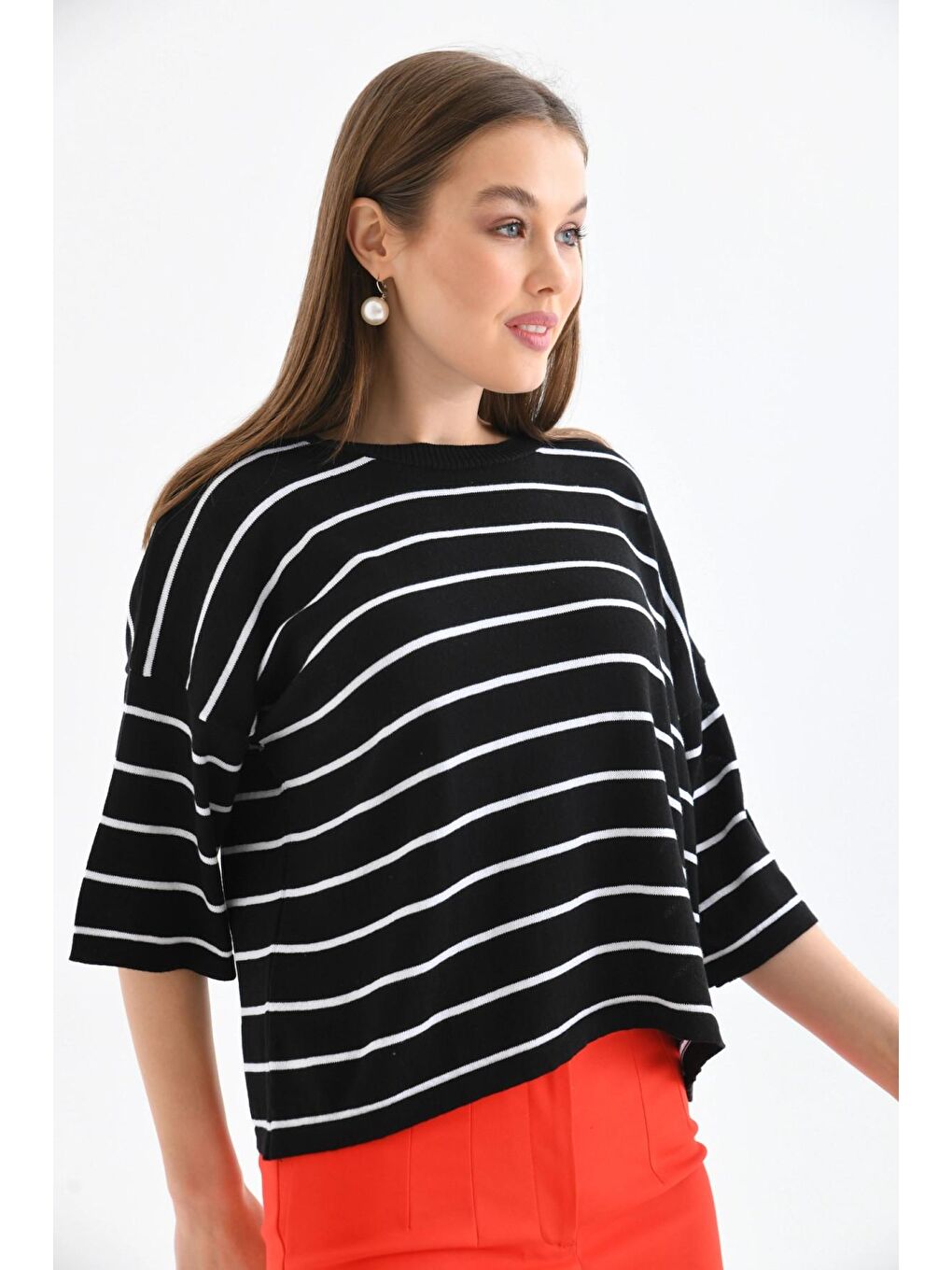Siyah Bisiklet Yaka Çizgili Mevsimlik Kısa Triko Kazak-3
