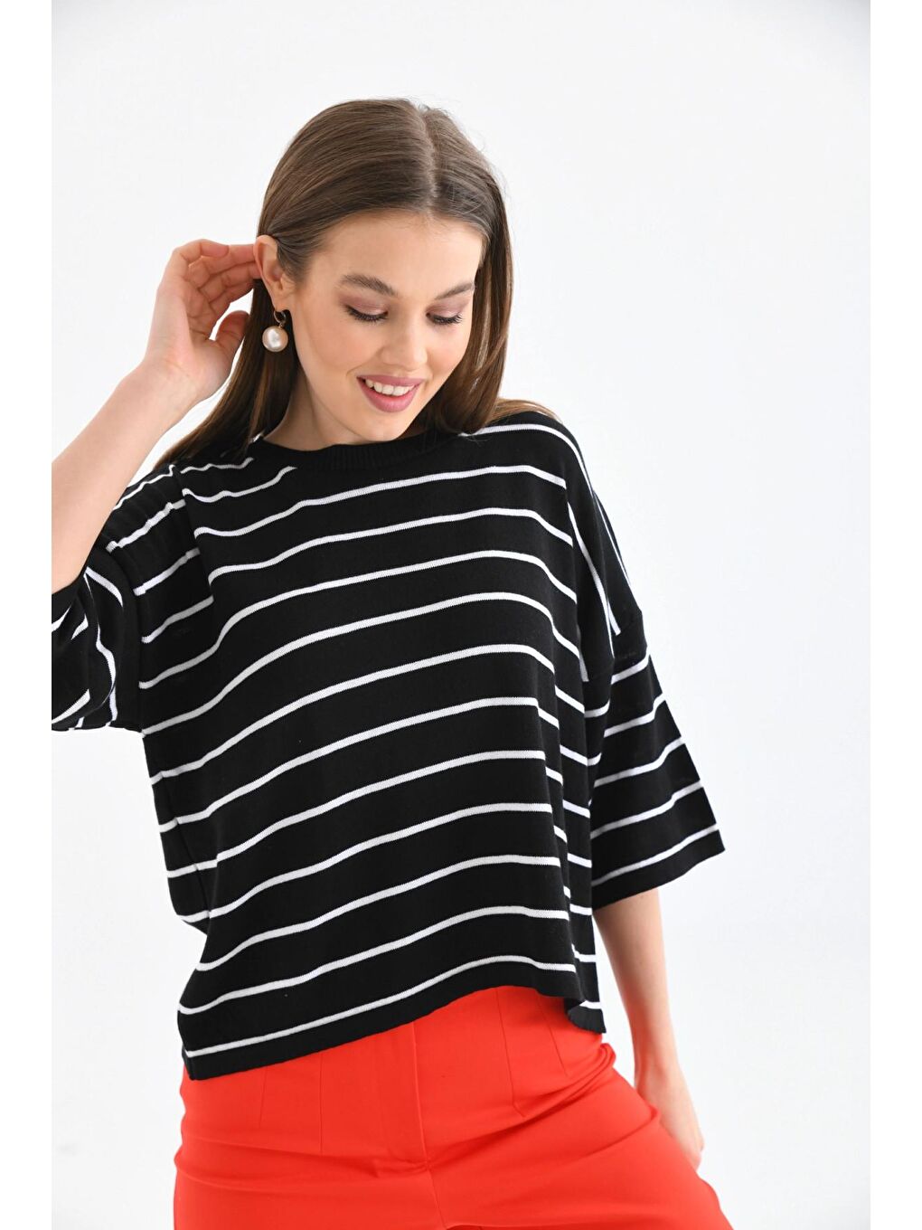 Siyah Bisiklet Yaka Çizgili Mevsimlik Kısa Triko Kazak-4