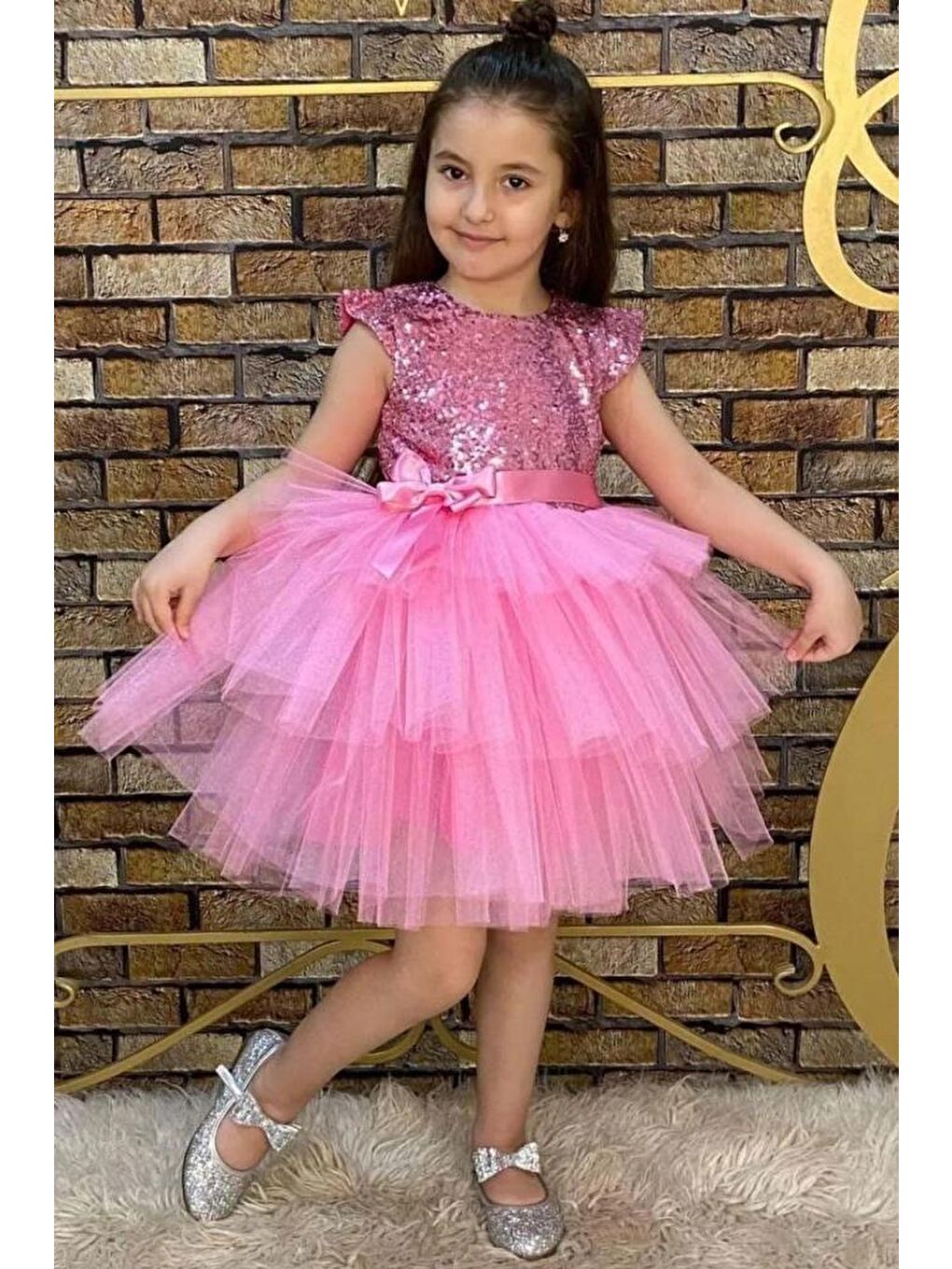 Kız Çocuk Üstü Pulpayet İşlemeli Katkat Pembe Abiye