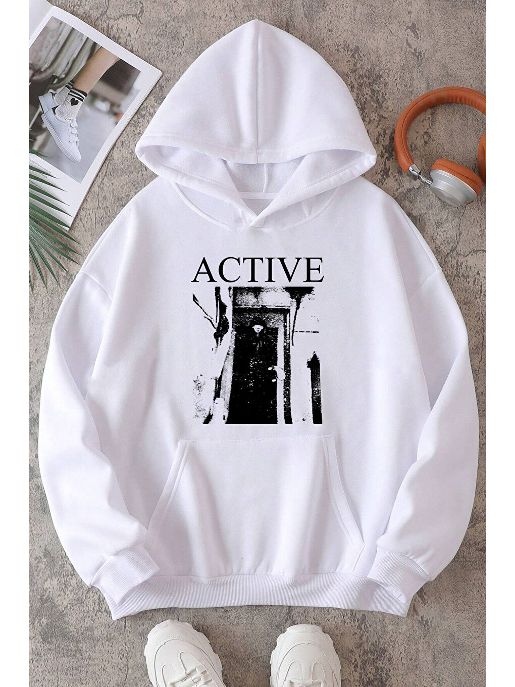 uyguntarz Beyaz Active Baskılı Oversize Sweatshirt