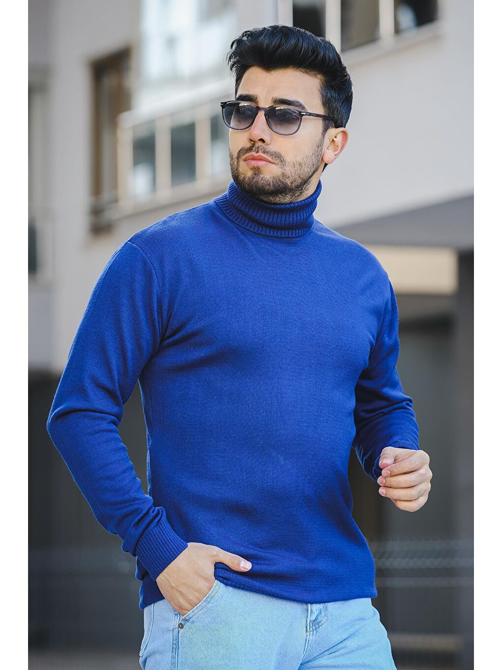 Mavi Pamuk Slim Fit Erkek Tam Balıkçı Boğazlı Kazak