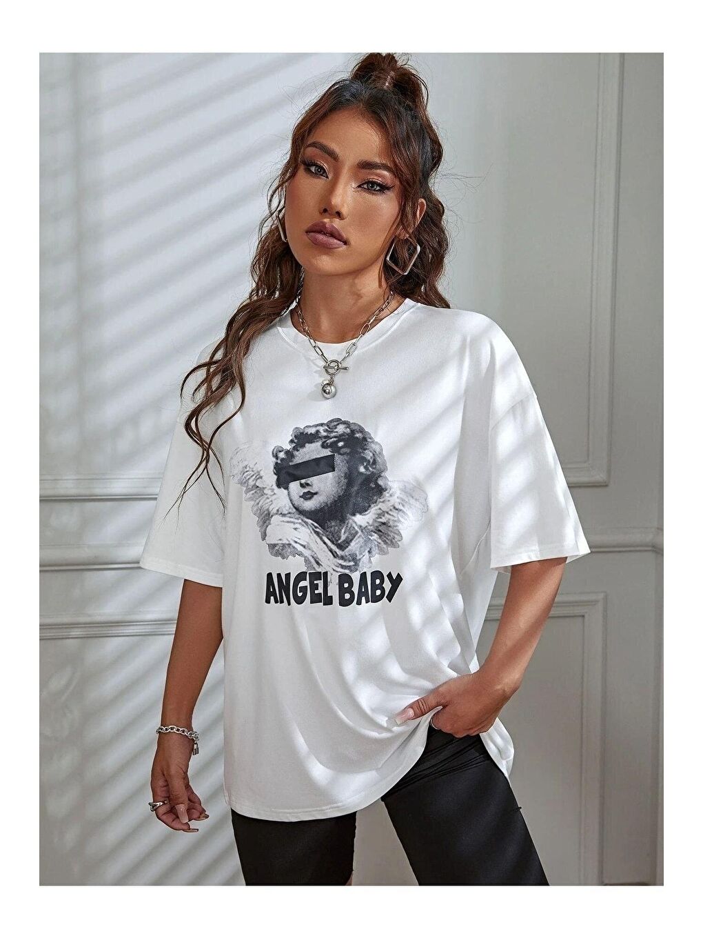 Trendseninle Beyaz Kadın Beyaz Angel Baby Baskılı Oversize Tişört