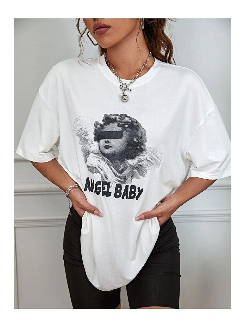 Trendseninle Beyaz Kadın Beyaz Angel Baby Baskılı Oversize Tişört - 1