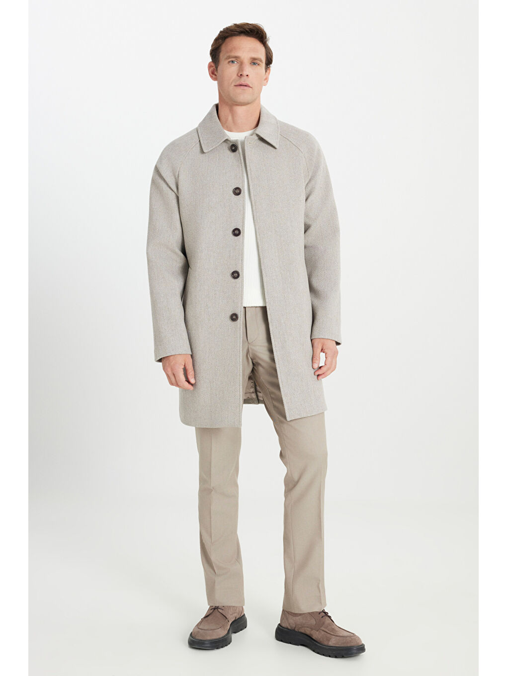 Erkek Bej Sıcak Tutan Standart Fit Normal Kesim Gömlek Yaka Diagonal Desenli Palto-1