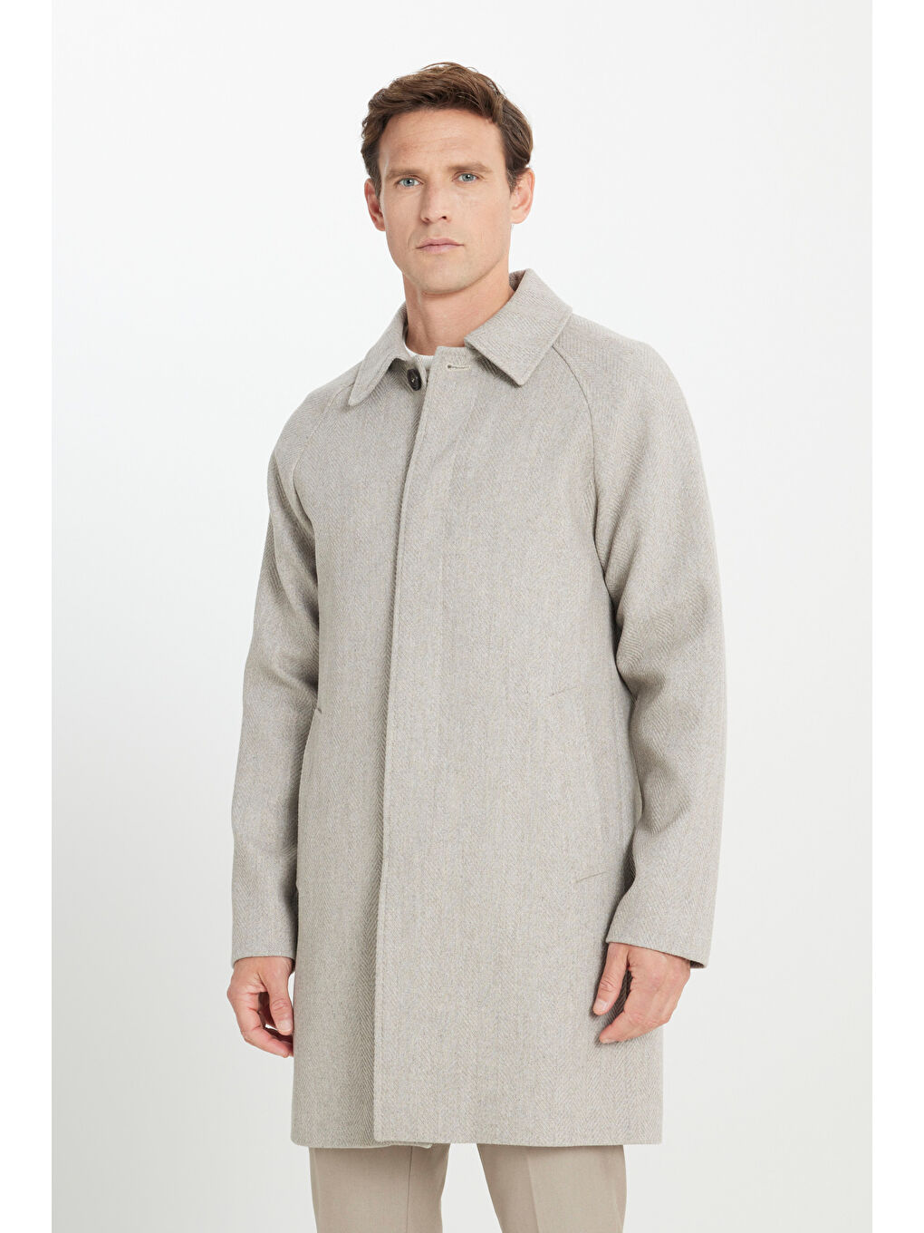 Erkek Bej Sıcak Tutan Standart Fit Normal Kesim Gömlek Yaka Diagonal Desenli Palto-2