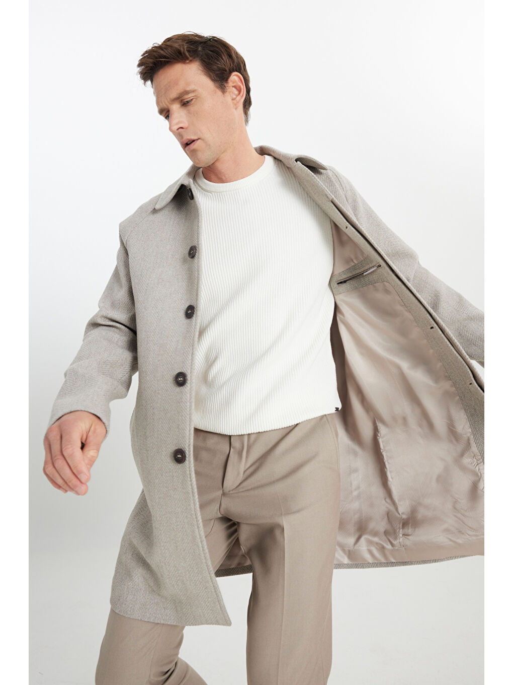 Erkek Bej Sıcak Tutan Standart Fit Normal Kesim Gömlek Yaka Diagonal Desenli Palto-3