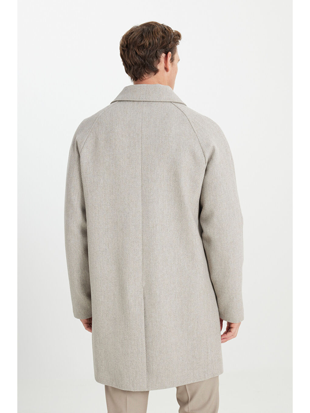 Erkek Bej Sıcak Tutan Standart Fit Normal Kesim Gömlek Yaka Diagonal Desenli Palto-5