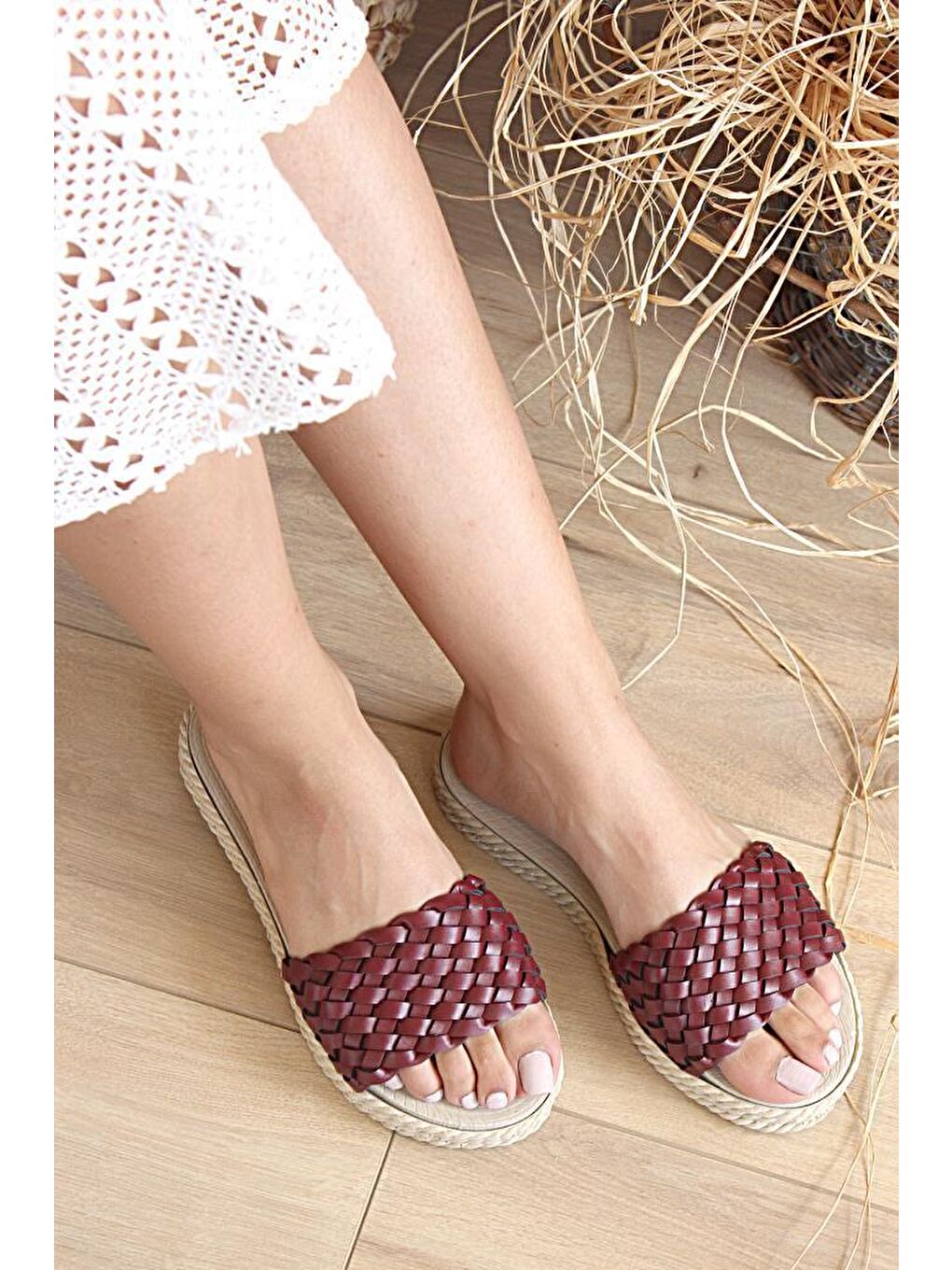 Hasır Düz Taban Örgülü Kadın Terlik A1907-20Bordo-1