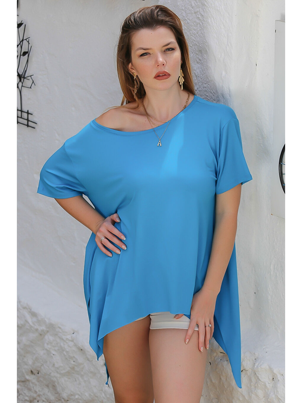 Mavi Kayık Yaka Düşük Kol Örme Oversize Casual Tişört-1