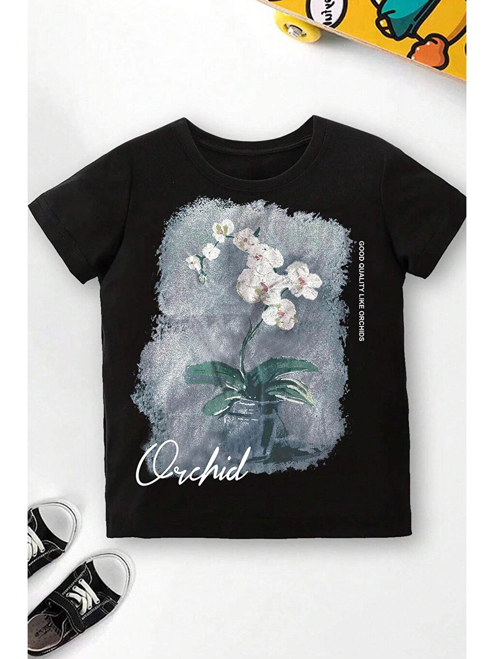 uyguntarz Siyah Çocuk Orchid Baskılı Pamuklu Tshirt