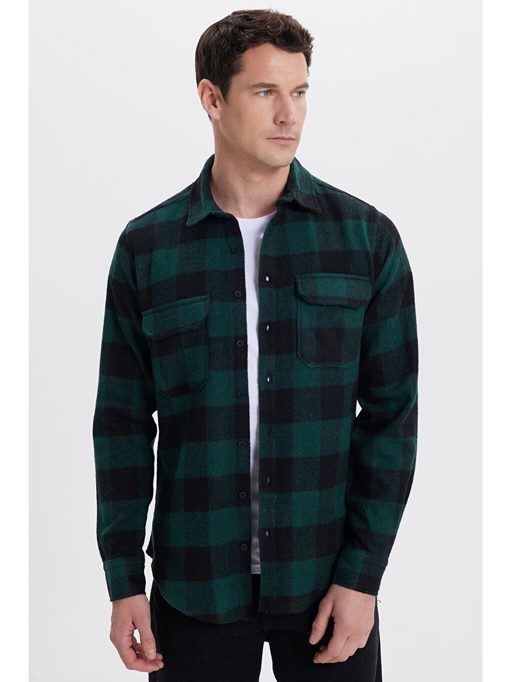 Karışık Erkek Slim Fit Dar Kesim Uzun Kollu Kapaklı Çift Cepli Kareli Kışlık Oduncu Gömlek